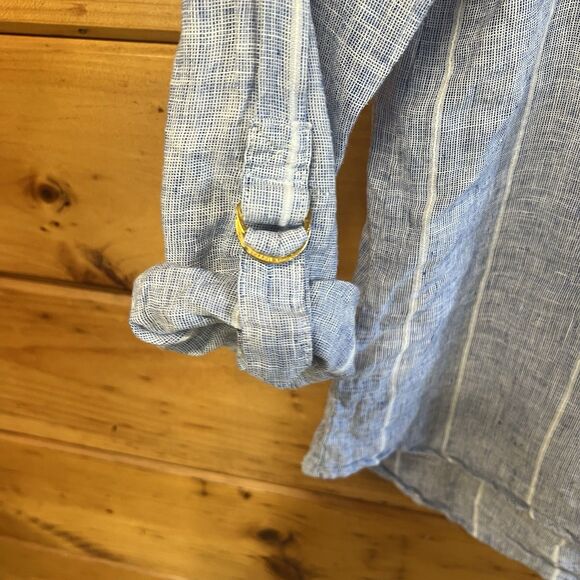 Ellen Tracy Womens 100% Linen Roll Tab Sleeve Popover Blouse Blue Size M - Picture 3 of 6